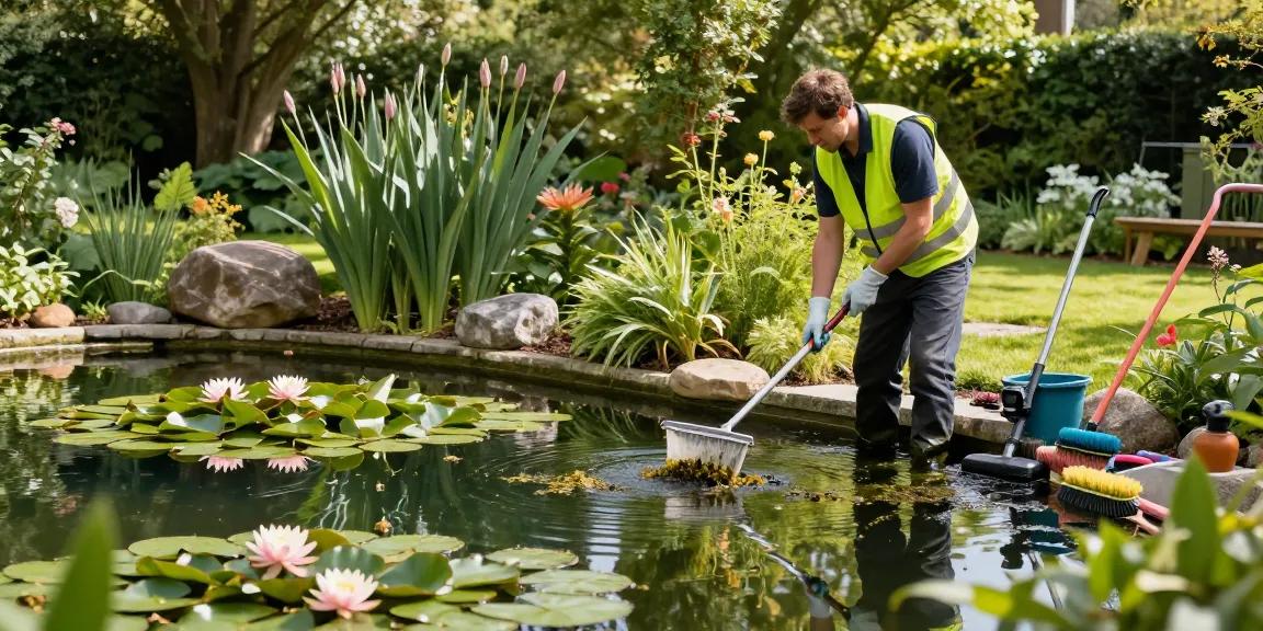 Pond Cleaning Surrey with professional technician removing algae and debris from tranquil garden pond