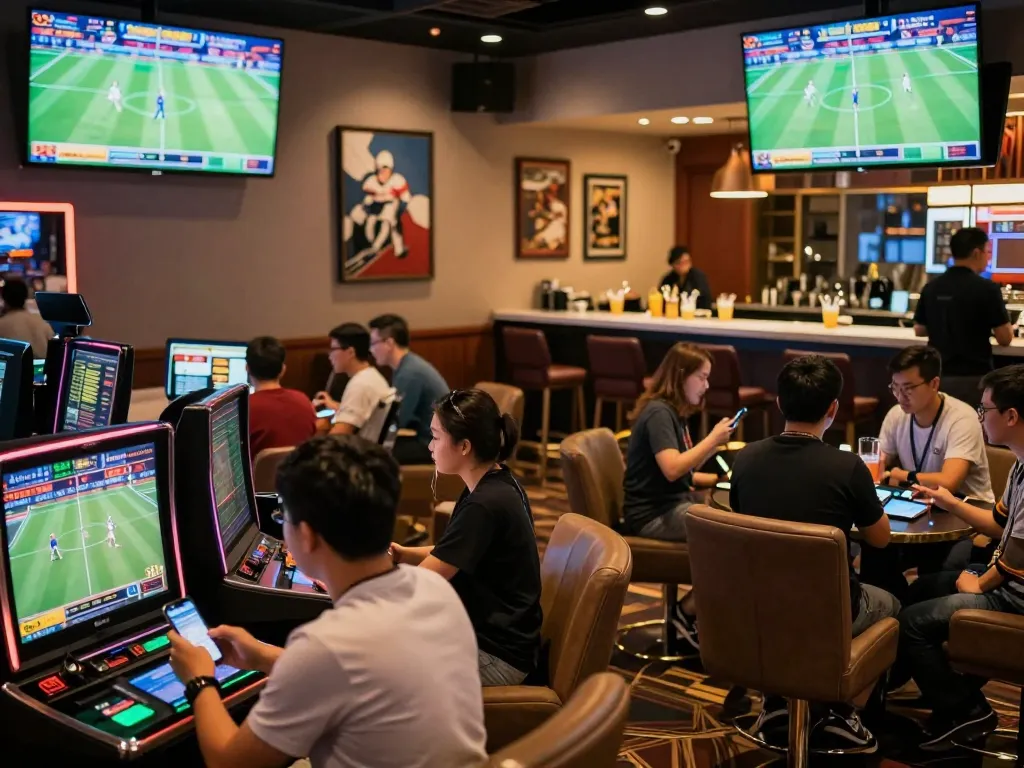 The sports betting lounge showcasing tỷ lệ kèo nhà cái hôm nay with enthusiastic bettors analyzing odds and live sports on screens.