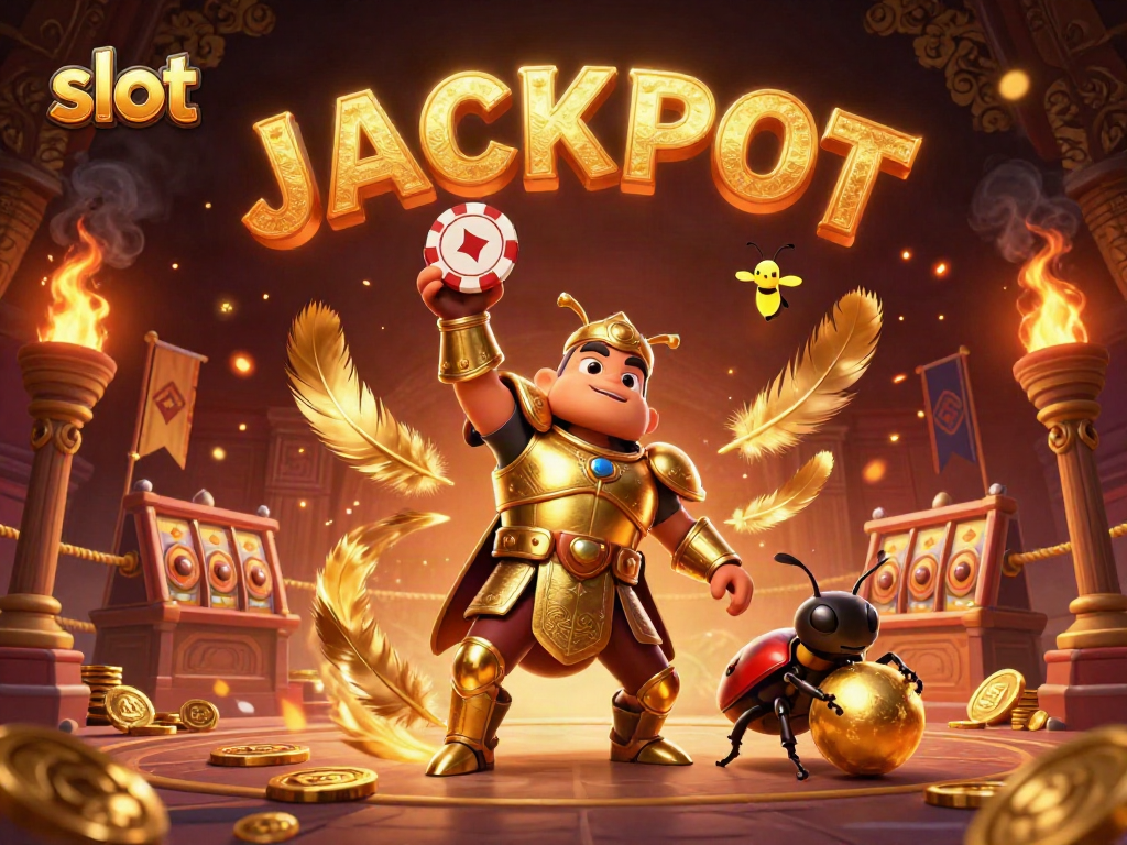 Experience thrilling slot action with a hercules beetle in golden armor lifting a chip amidst a jubilant jackpot scene.