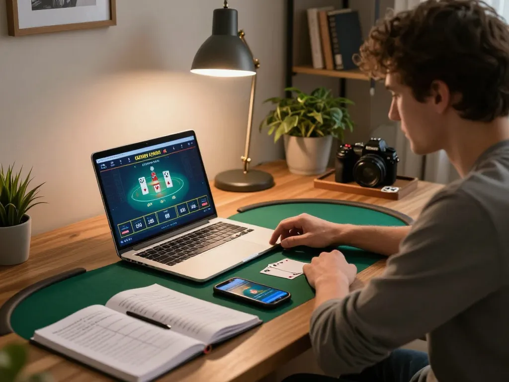 Player strategizing in an online poker game on a laptop, focusing on keonhacai betting techniques.