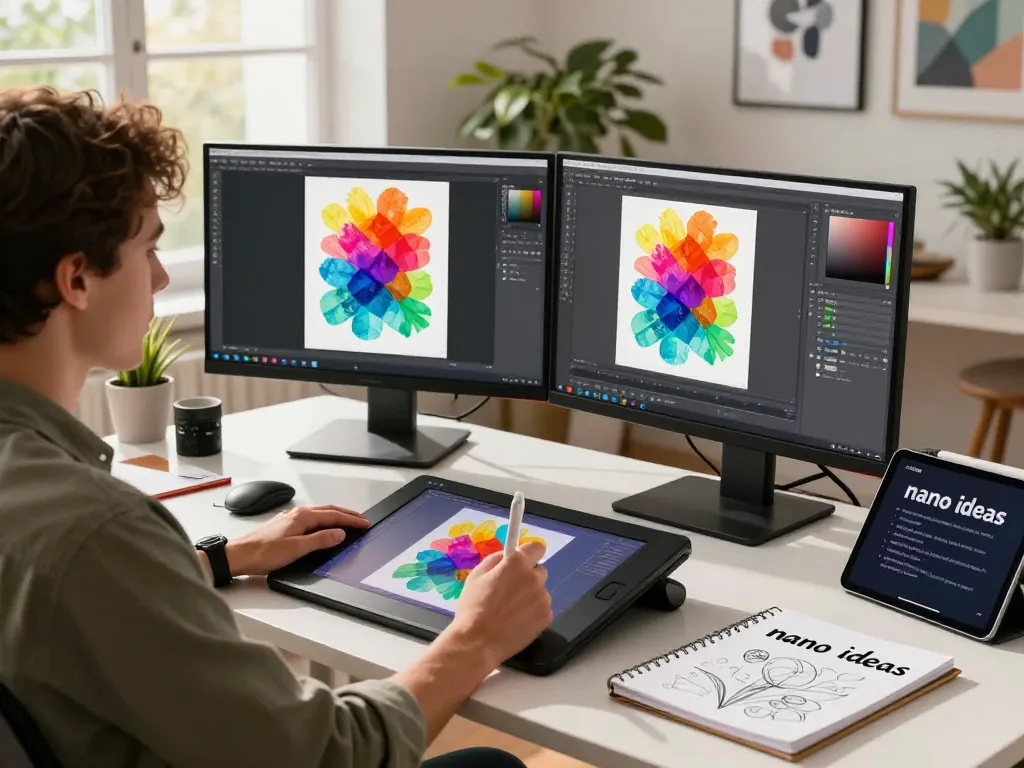 Designer utilizing Nano Banana 2 AI image editor in a modern workspace surrounded by digital art tools and inspirational sketches.