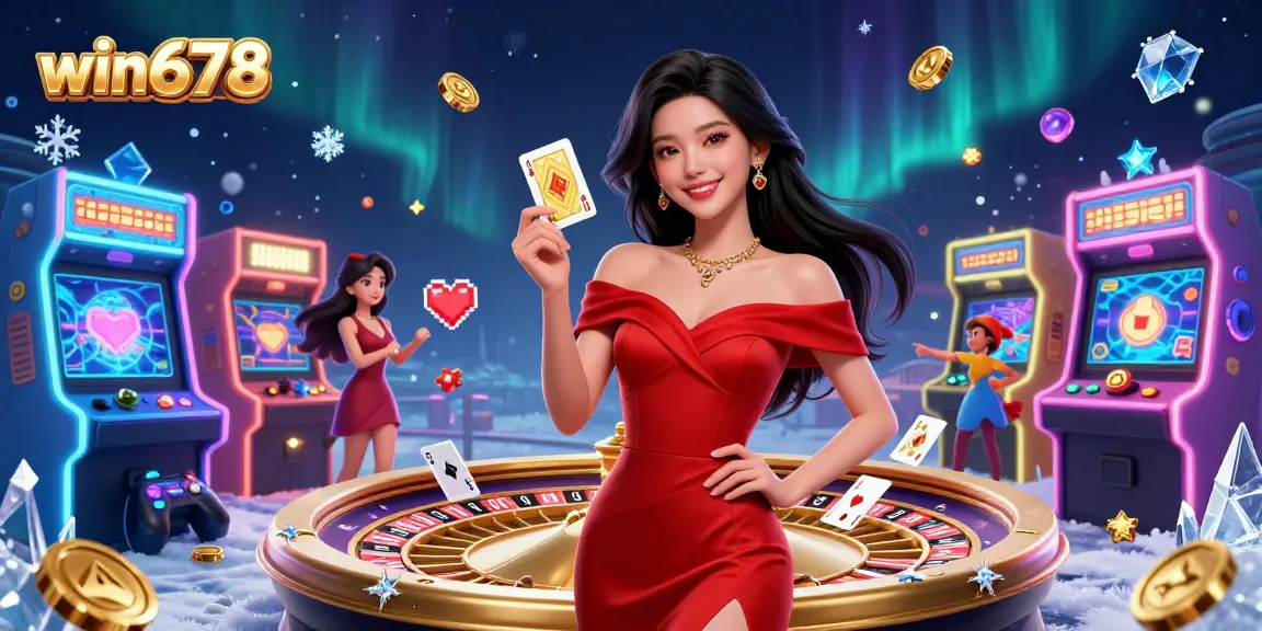 Experience thrilling gameplay at win678 with a stunning Asian woman beside a golden roulette wheel, surrounded by vibrant casino elements.