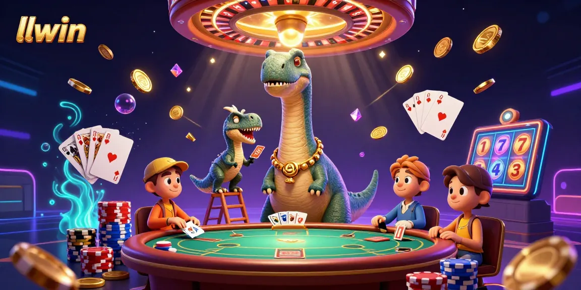 Experience thrilling gameplay in llwin with a lively illustration featuring a cartoon dinosaur and vibrant casino elements.