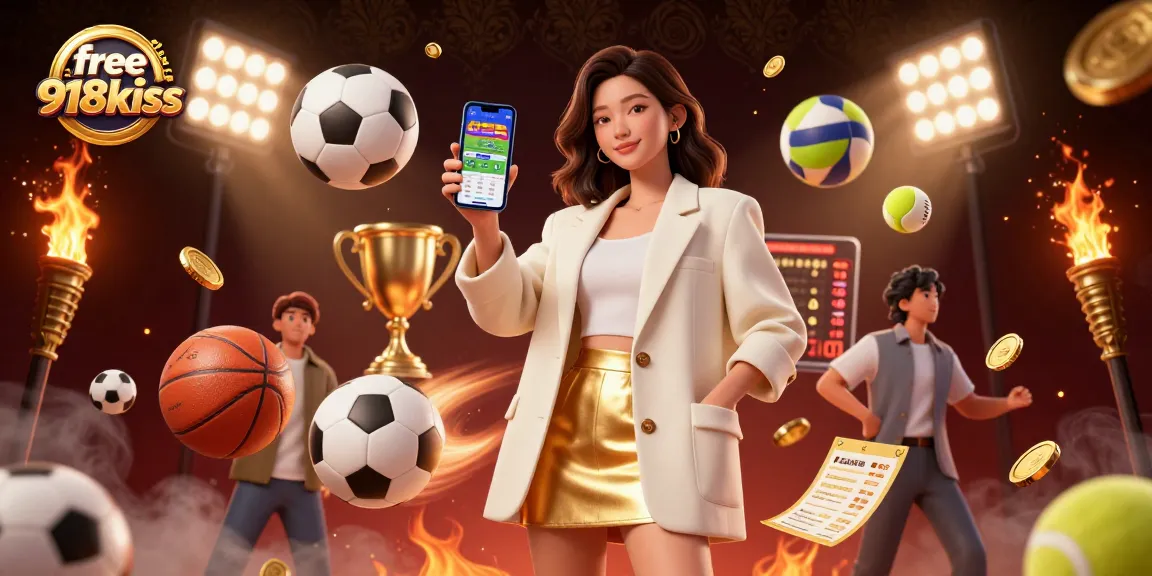 Experience free credit 918kiss with an Asian woman showcasing a betting app, surrounded by dynamic sports elements.