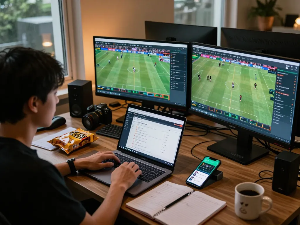 Engaging in keonhacai online sports betting from a comfortable home setup with active screens.