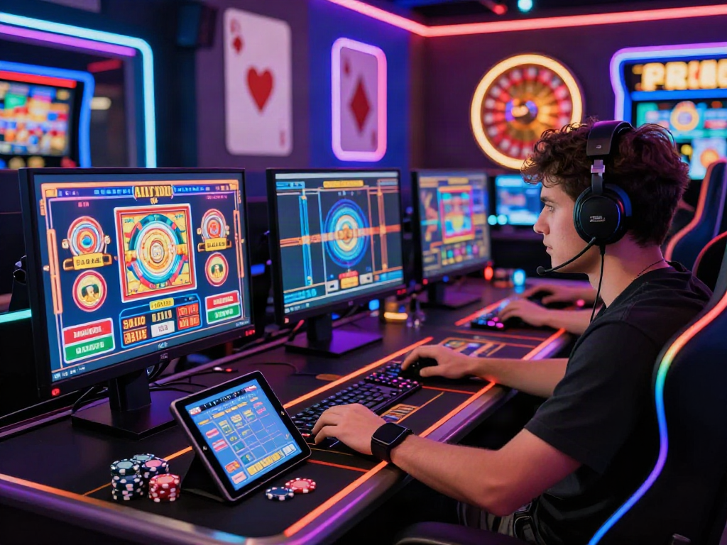 Intense gaming scene featuring link alternatif bro138 in a vibrant online casino with colorful displays and gaming accessories.