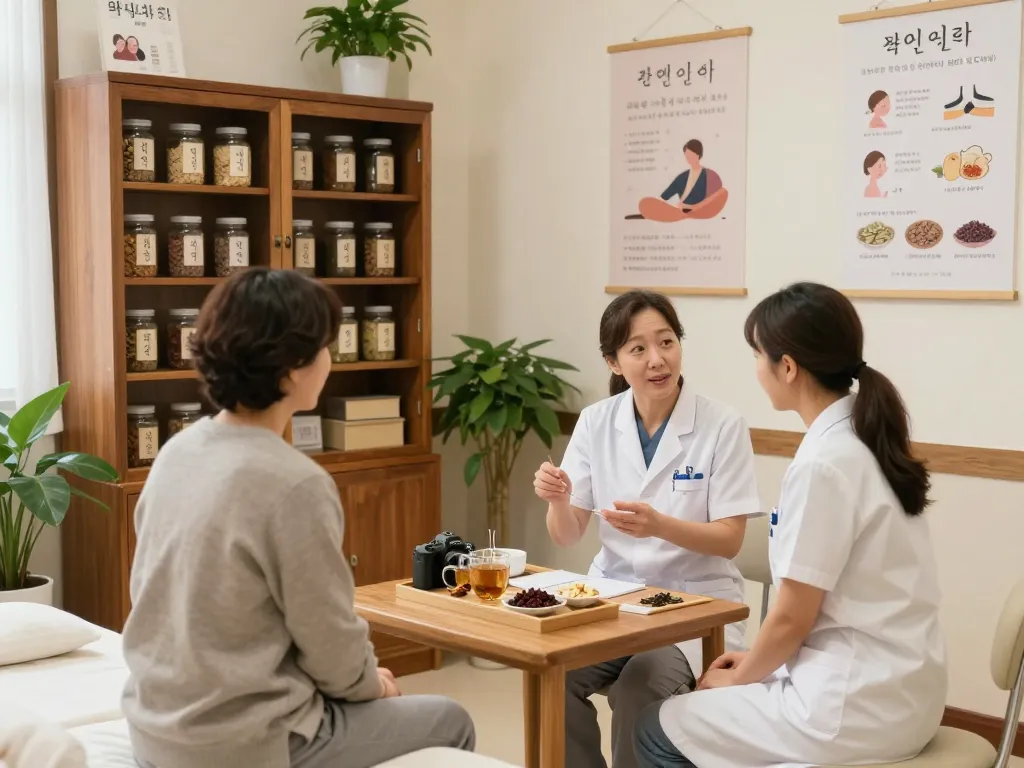 Expert consultation at 수원한의원 with herbal remedies and a calming atmosphere.