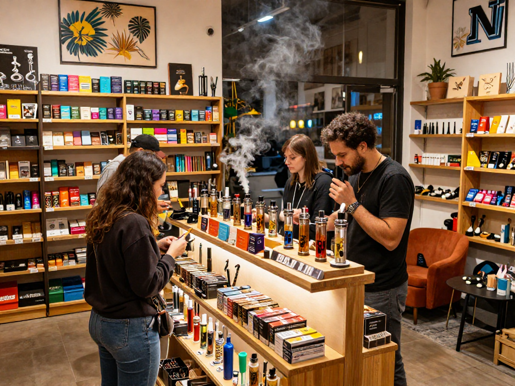 Discover a vibrant smoke shop atmosphere at https://moessmokeshopct.com showcasing colorful smoking accessories and engaged customers.