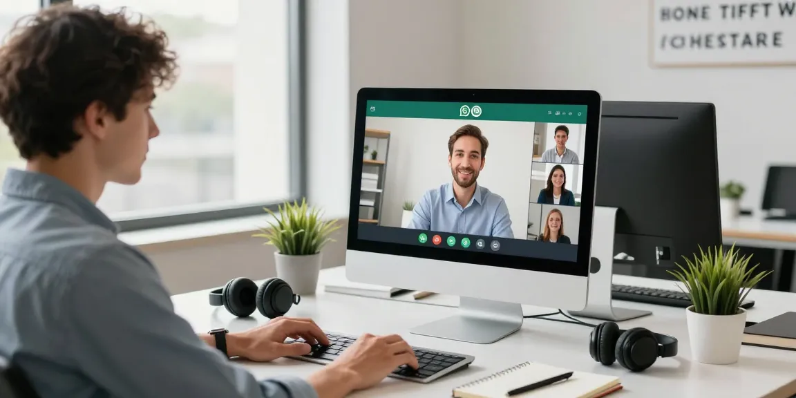 Professional using WhatsApp電腦版 on desktop while in a video call in a bright office.