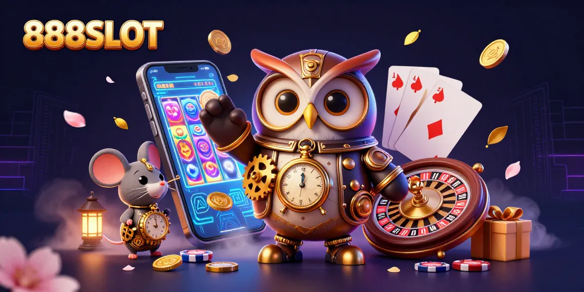 Experience the thrill of 888SLOT with a steampunk owl and casino elements in a vibrant illustration.