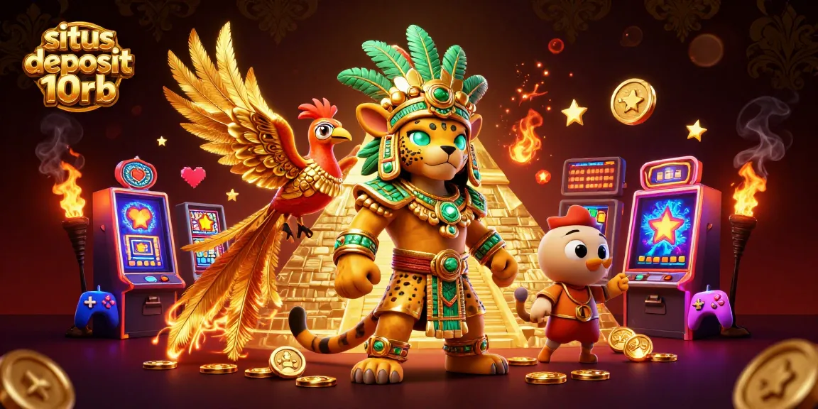 Engage with the vibrant scene of situs deposit 10rb, featuring a Mayan jaguar priest and arcade slot machines.