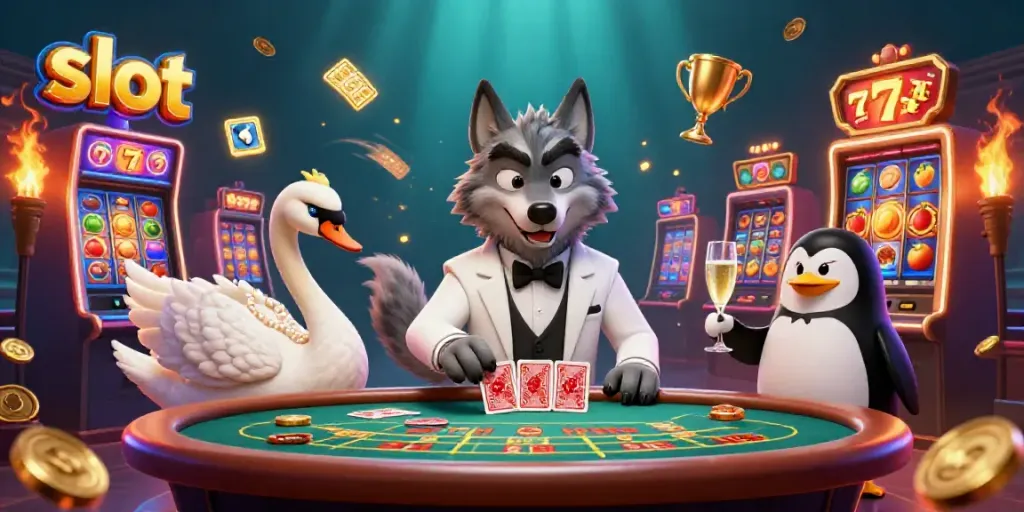 Spin thrilling slot machines while enjoying a game with a stylish wolf, elegant swan, and sophisticated penguin.