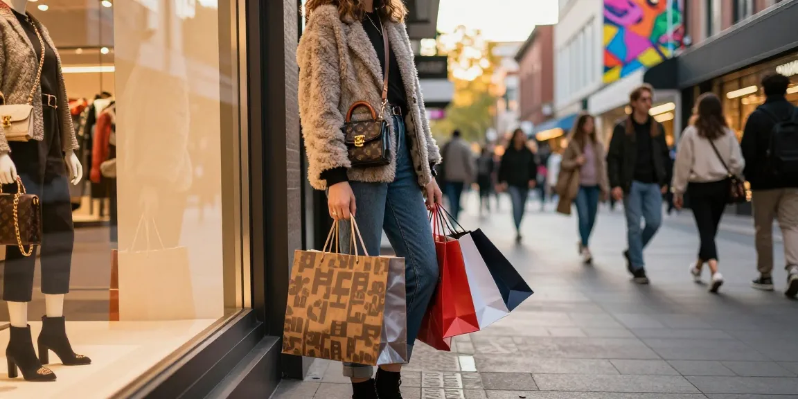 High-quality 레플리카 fashion scene in urban shopping area showcasing stylish outfit and accessories.