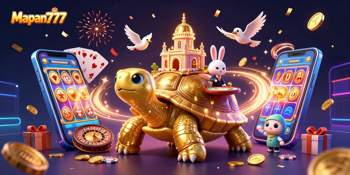 Experience winning moments with Mapan777 in this vibrant 3D casino scene featuring colorful games and gold coins.