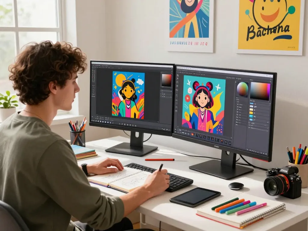 Digital artist using Nano Banana Pro AI image editor in an inspiring workspace with vibrant creations.