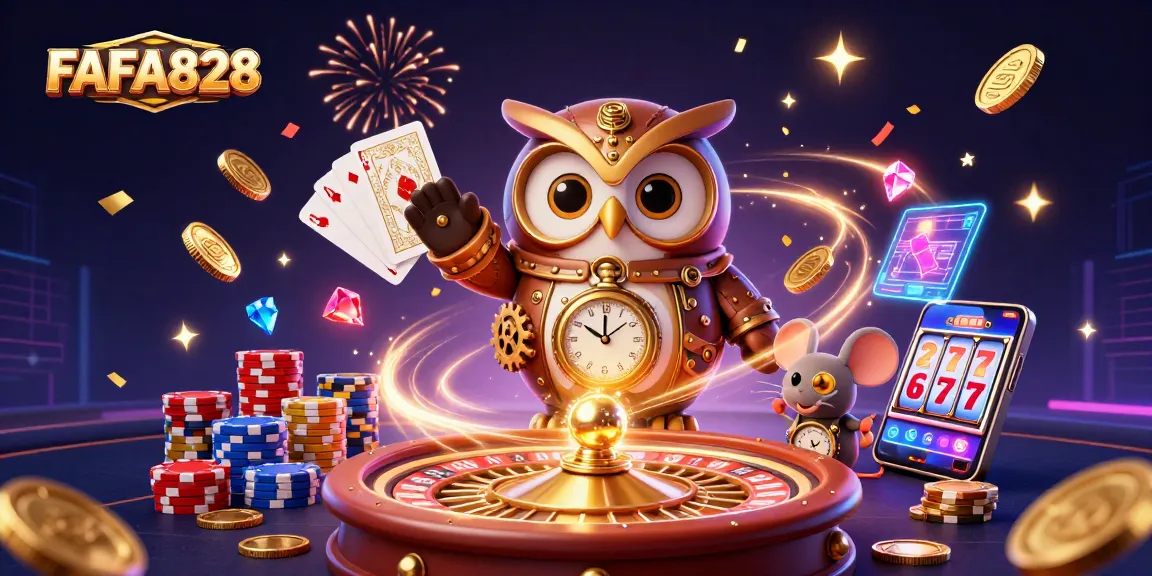 FAFA828 showcases thrilling slots and games in a vibrant, animated casino scene.