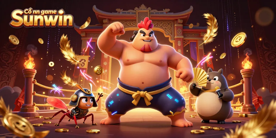 Cổng game Sunwin showcases a dynamic scene with a powerful sumo rooster and samurai cricket in a vibrant arena.