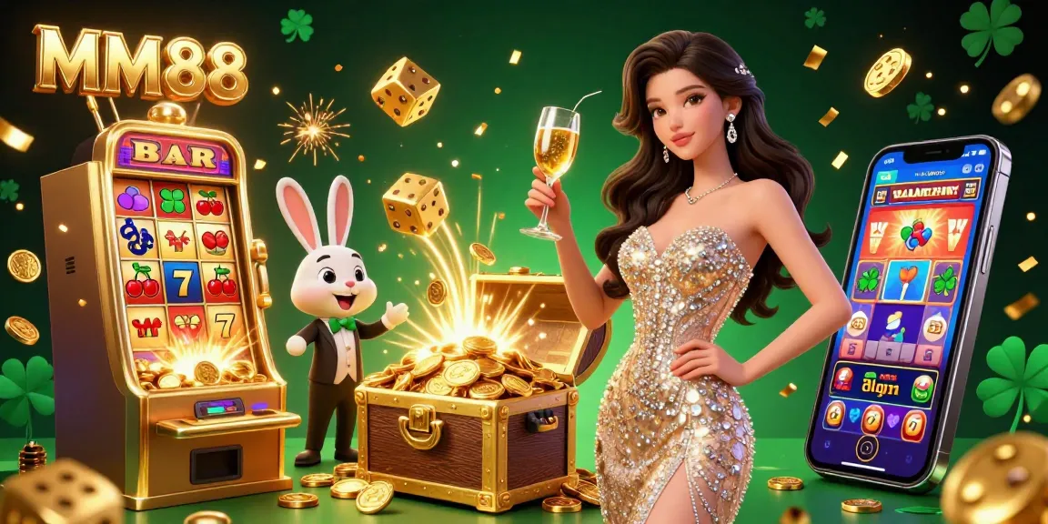 MM88 showcases a vibrant online casino scene with a sparkling jackpot slot machine and lively characters.