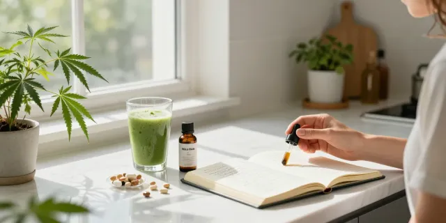 Muha Meds CBD oil tincture as part of a morning wellness ritual, with fresh hemp plants and a healthy smoothie.