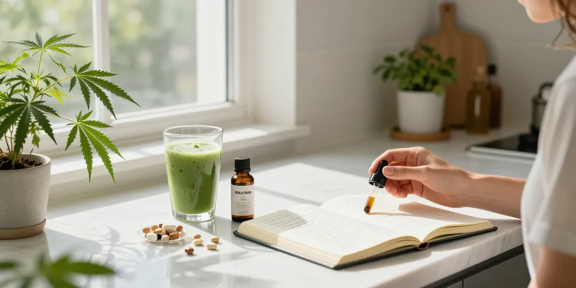 Muha Meds CBD oil tincture as part of a morning wellness ritual, with fresh hemp plants and a healthy smoothie.