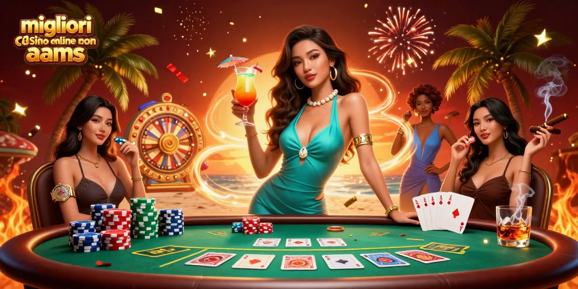 Vivi l'emozione nei migliori casinò online non AAMS con la nostra scena glamour che evidenzia un lussuoso resort di casinò sulla spiaggia.