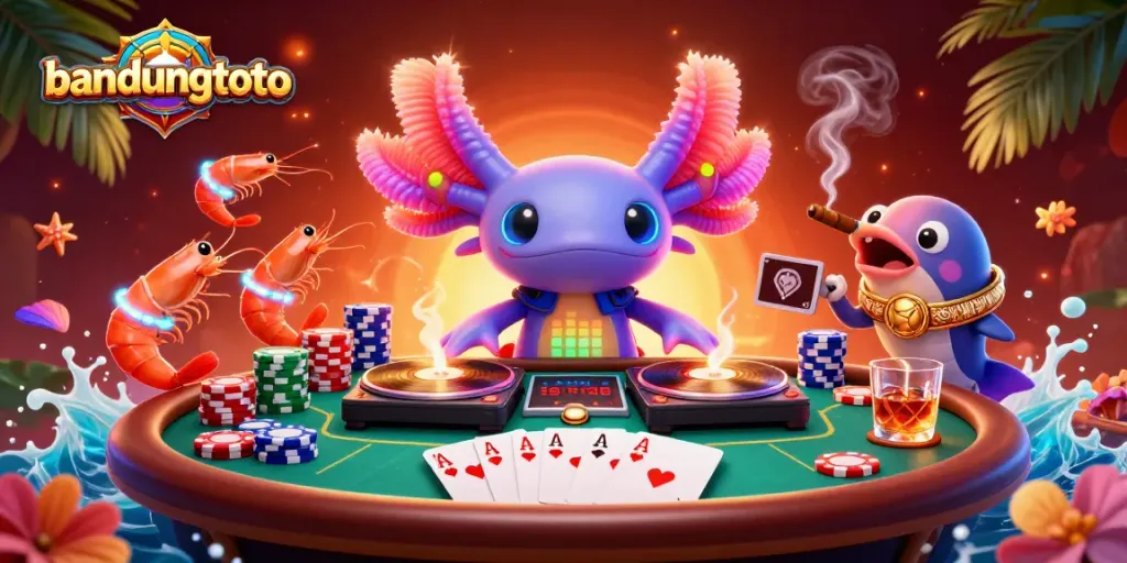 Experience the excitement of bandungtoto with a vibrant casino scene featuring a DJ, shrimp dancers, and poker action.