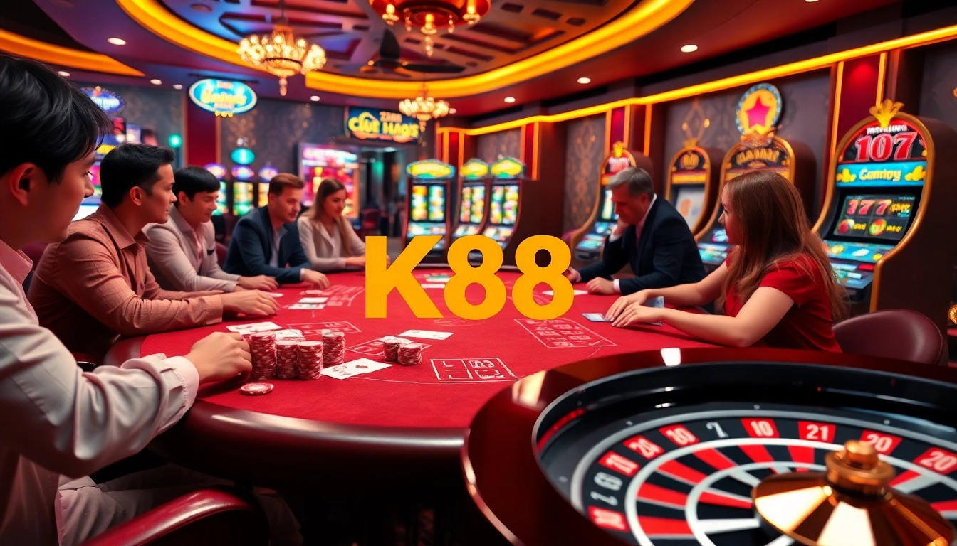 Experience excitement at K88 casino with vibrant gaming tables and colorful slot machines.