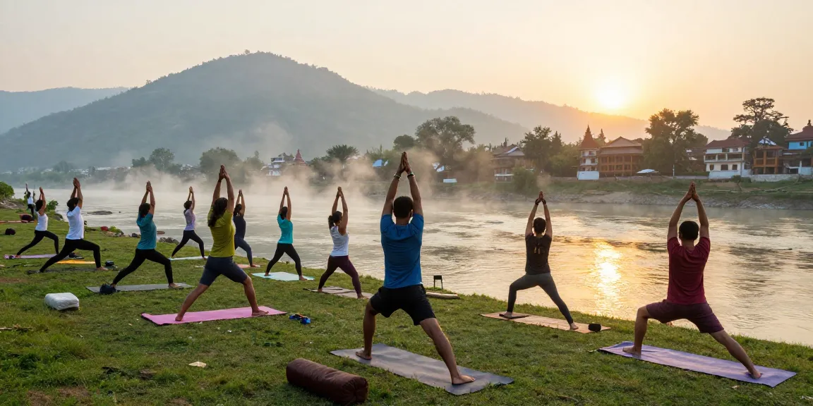 Yoga teacher training in Rishikesh with diverse practitioners performing poses by the Ganges River at dawn, embodying spirituality and peace.