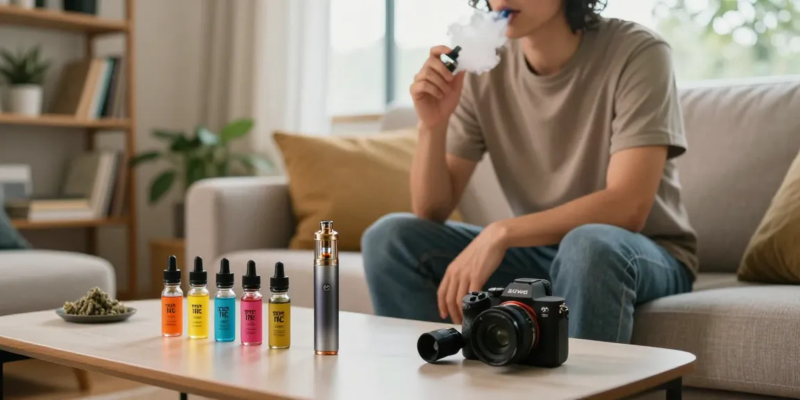 Person enjoying THC vape in cozy living room with colorful e-liquids.