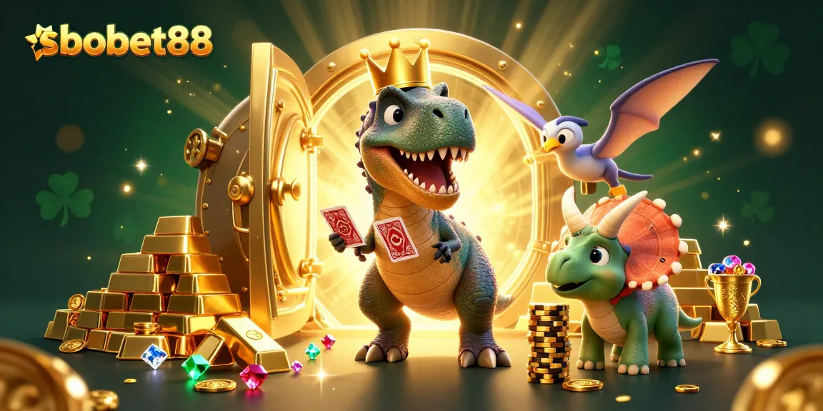 Engage with sbobet88 as a T-Rex shuffles cards with a pterodactyl in a vibrant casino setting.