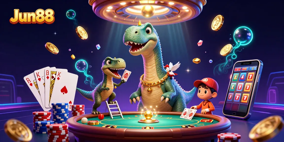 Experience the thrills of Jun88 casino with a vibrant 3D illustration of epic gaming action.
