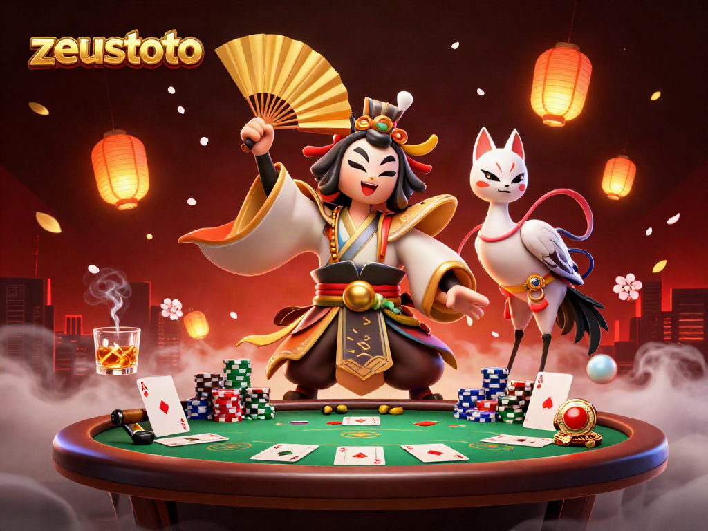 Experience zeustoto's thrilling poker scene featuring a kabuki warrior and kitsune mask.