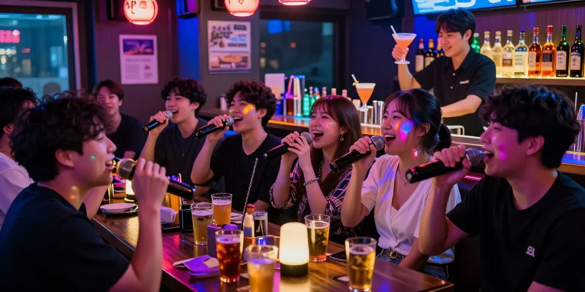 Exciting 제주유흥 nightlife scene in Jeju, featuring karaoke booths, vibrant drinks, and lively groups enjoying entertainment.