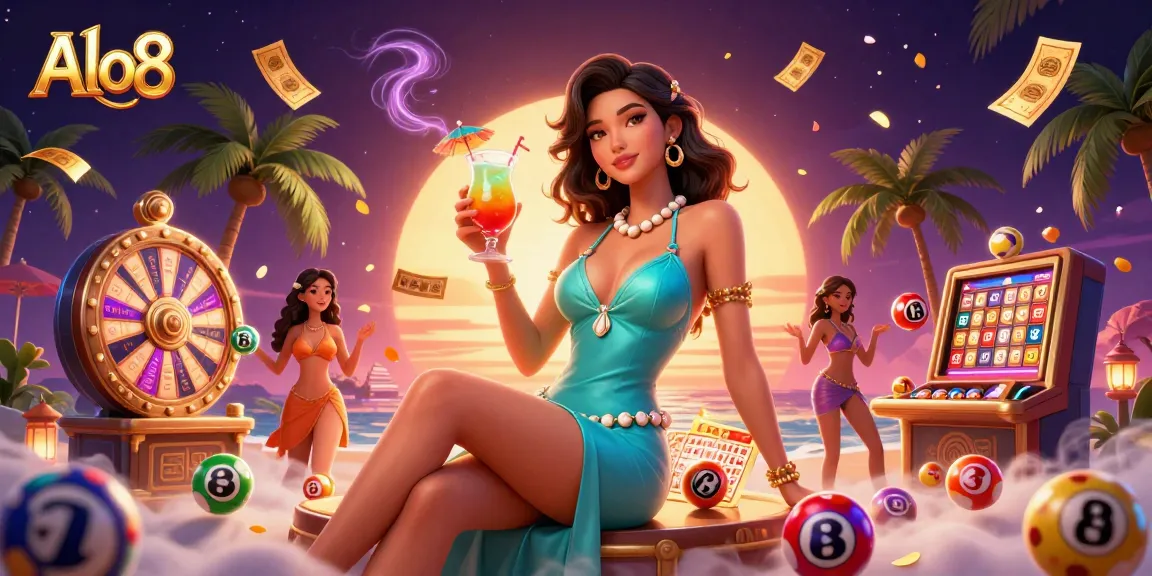 Experience thrilling moments at Alo8 with vibrant casino elements and an enchanting backdrop.