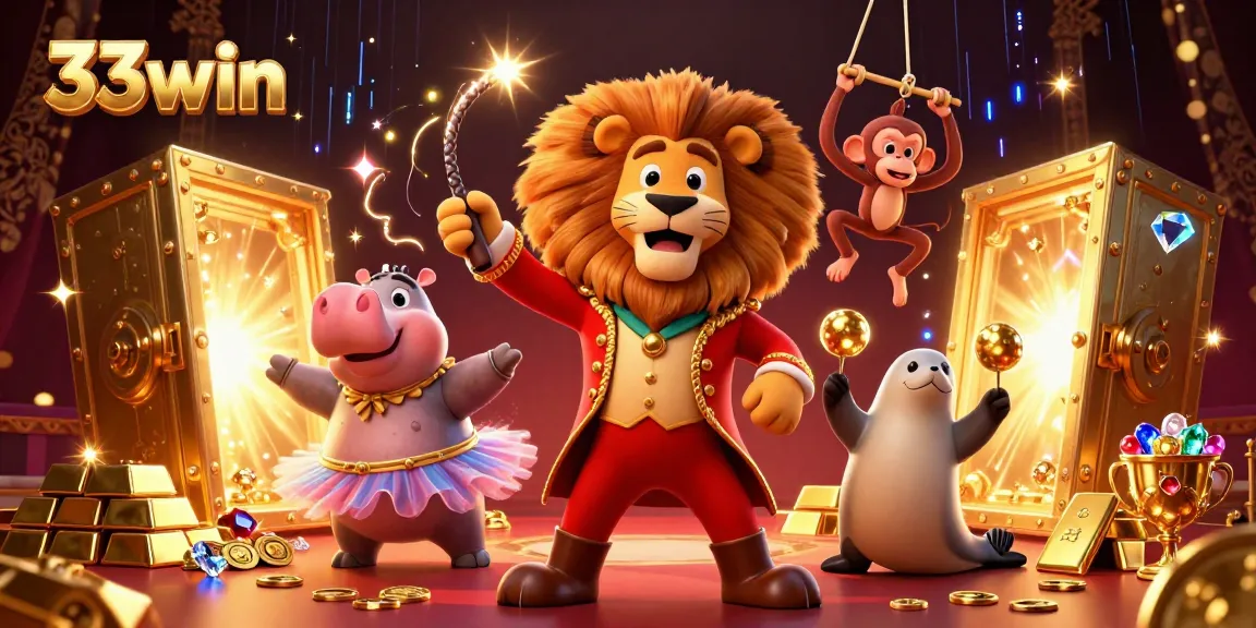 Experience thrilling adventures at 33win with a vivid illustration of a circus-themed casino scene.