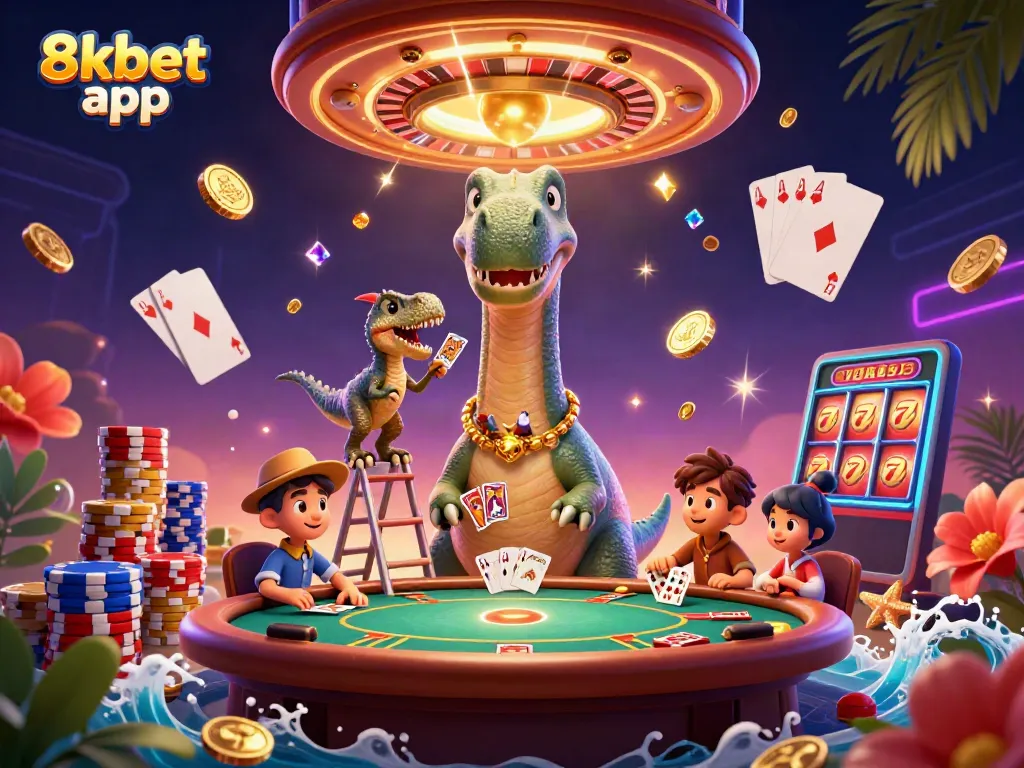 Experience the thrilling 8xbet app featuring a fun casino scene with dinosaurs and vibrant gaming elements.