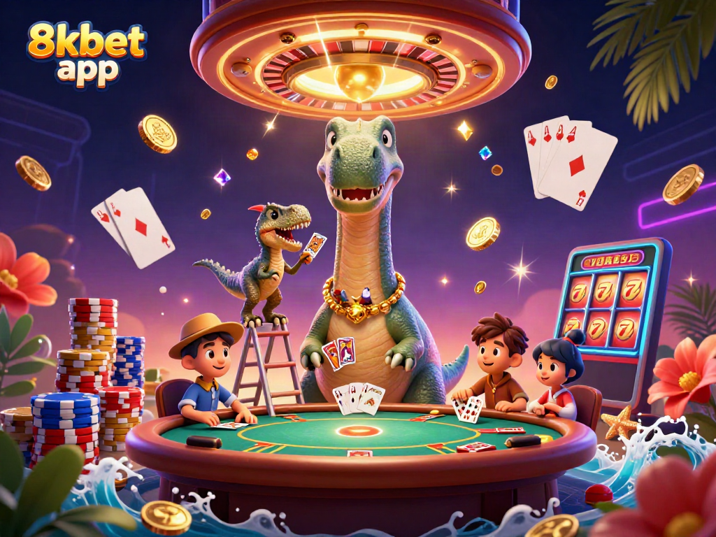 Experience the thrilling 8xbet app featuring a fun casino scene with dinosaurs and vibrant gaming elements.