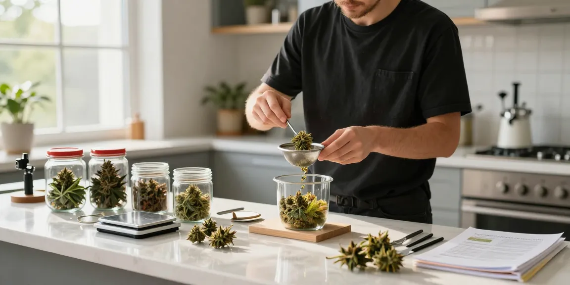 Hash sieb im Einsatz zur Trennung von Cannabis-Trichomen in einer modernen Küche.