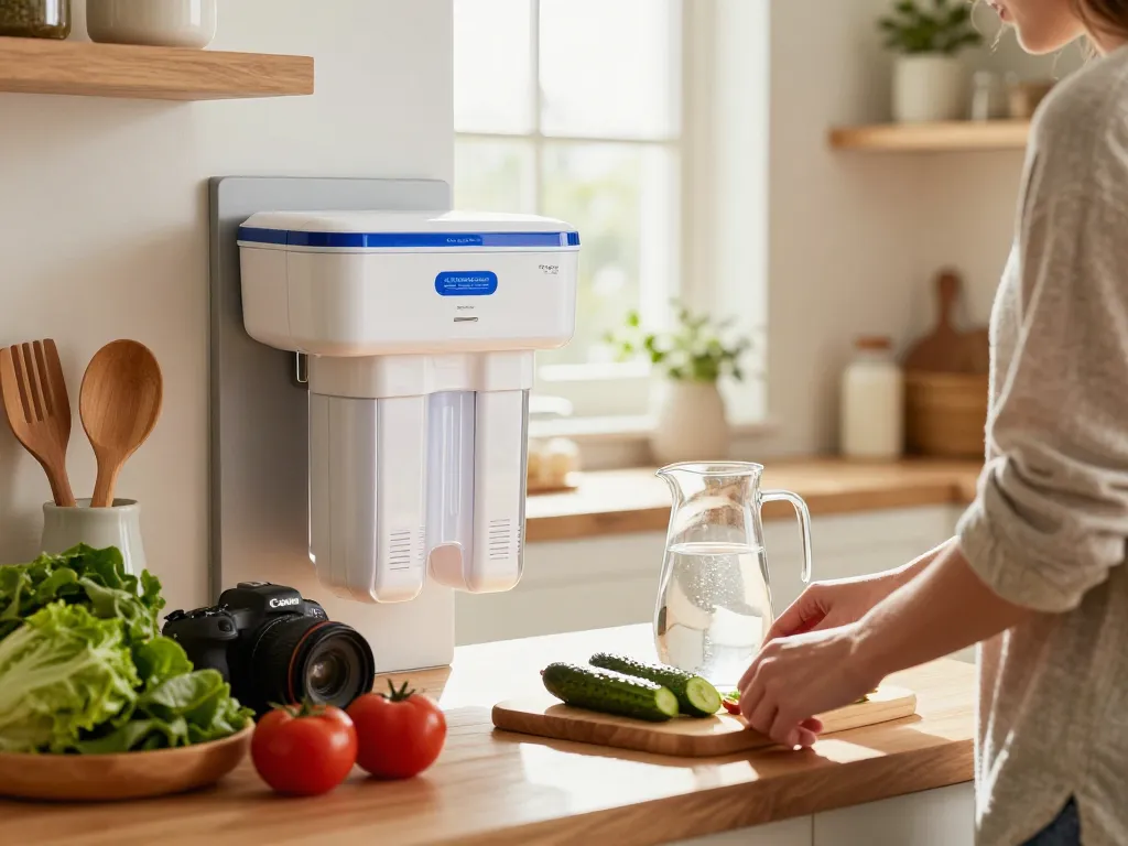 Waterdrop Replacement for Frigidaire® & Electrolux® WF2CB® filter in modern kitchen setup with fresh produce and clear water pitcher.