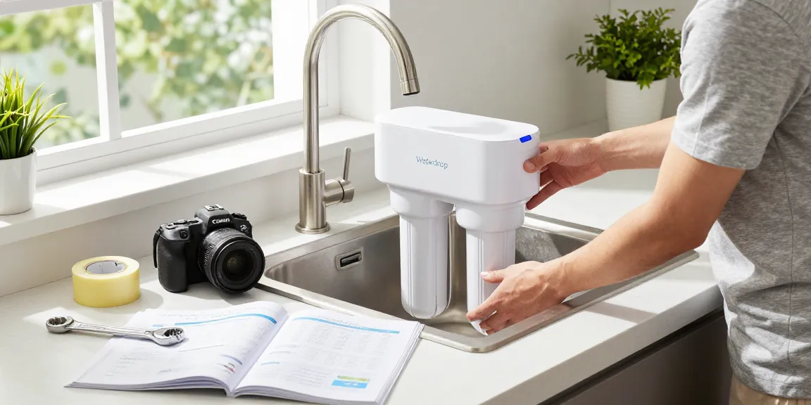 Homeowner installing the Waterdrop 3-Stage Whole House Water Filter System in a bright modern kitchen, demonstrating practical home improvement.