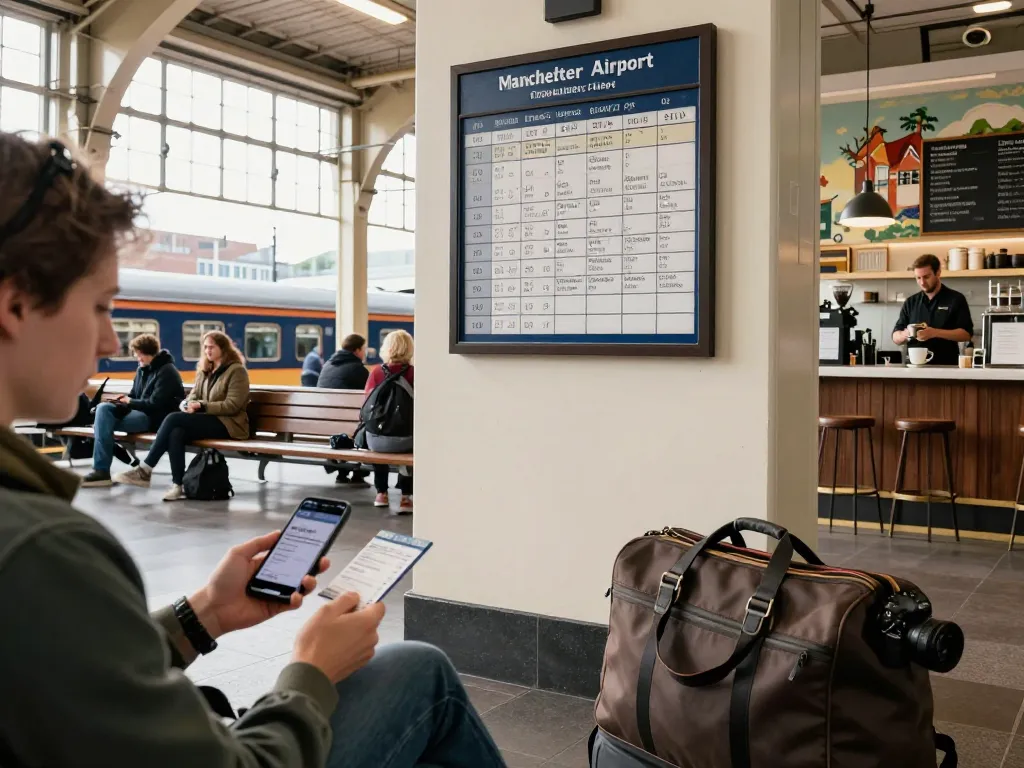Journey from Halifax to Manchester Airport with traveler at train station.