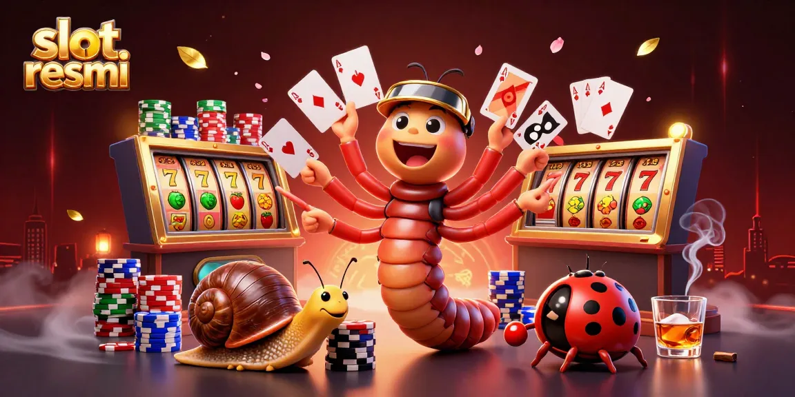 Play thrilling slot resmi games with a cartoon millipede dealer and high-roller characters at a vibrant casino scene.