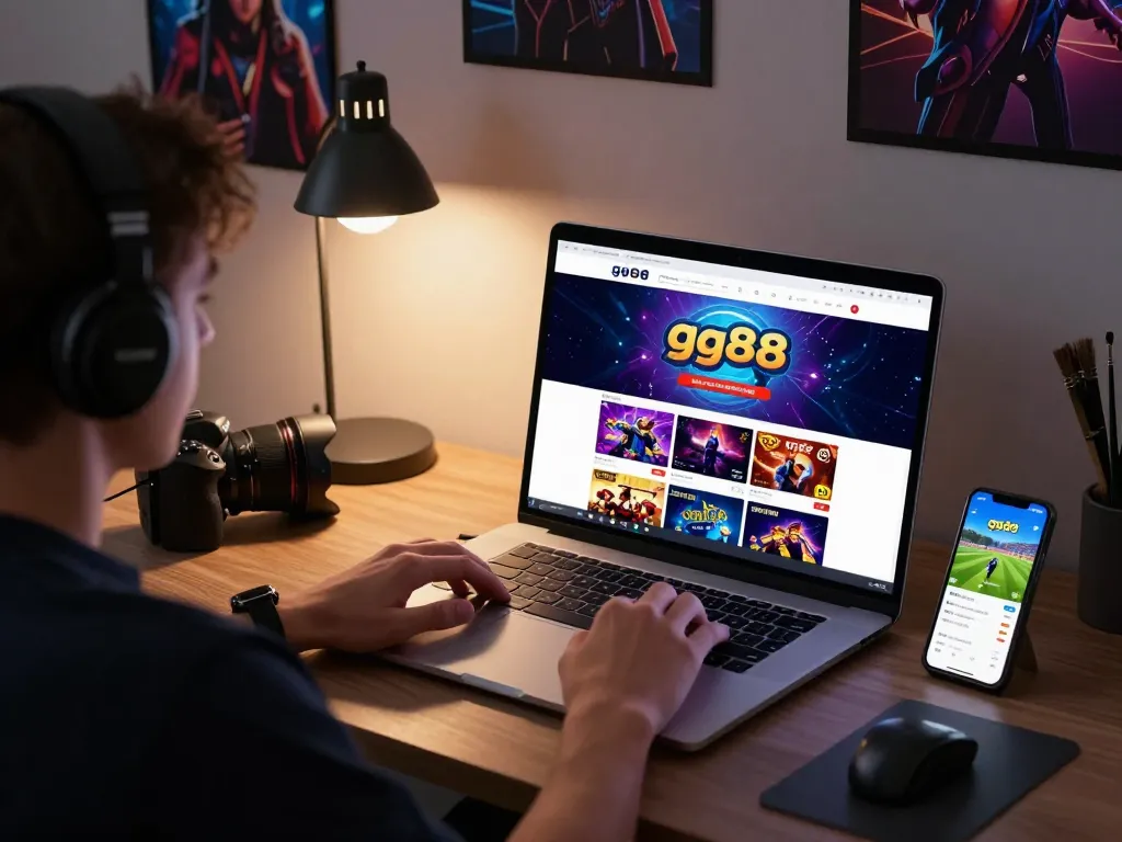 Engaging player exploring gg88 com online casino games on modern desk setup, showcasing vibrant gaming atmosphere.