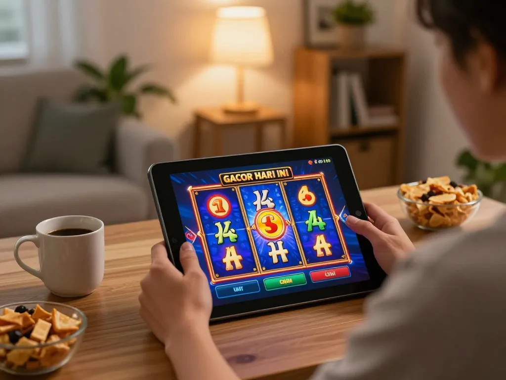 Engaging session playing slot gacor hari ini on a tablet at home, showcasing a cozy gambling setup.