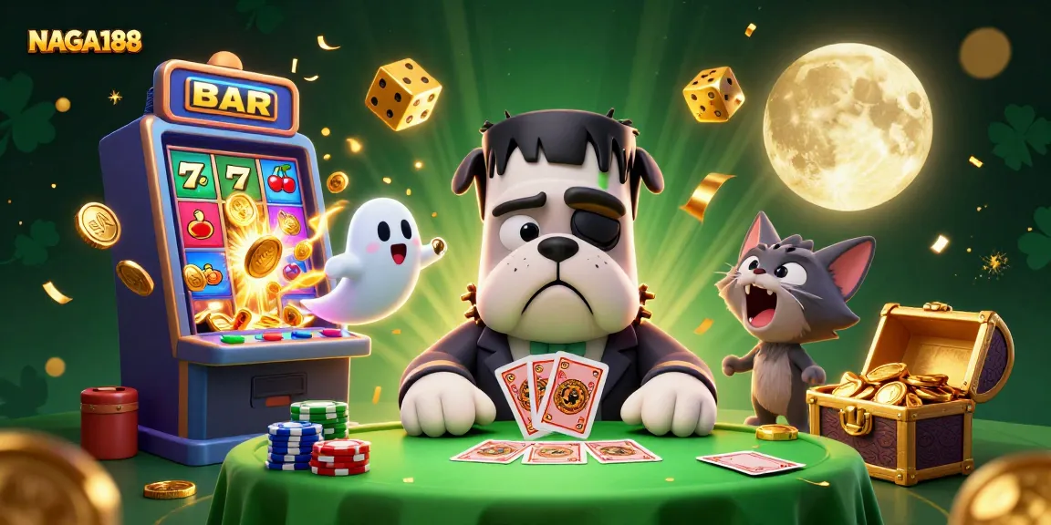 Permainan kartu NAGA188 yang menampilkan bulldog Frankenstein dan kucing werewolf di meja kasino.