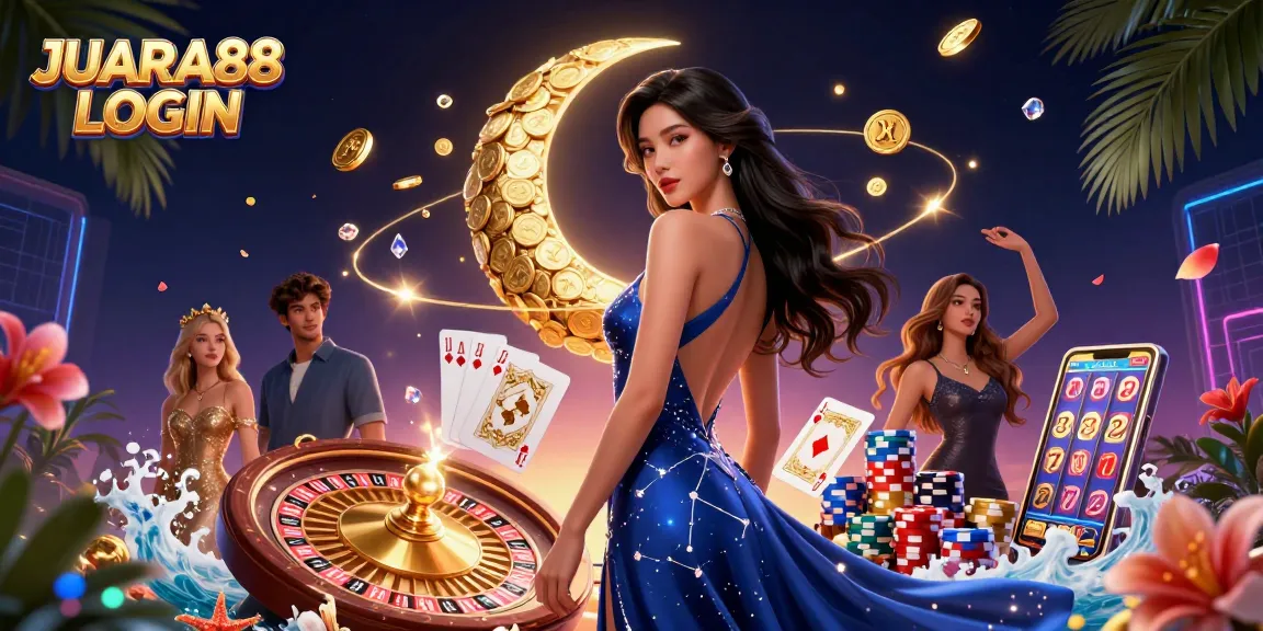 Experience the thrill of JUARA88 LOGIN with an enchanting casino scene featuring a stunning Asian woman and vibrant game elements.
