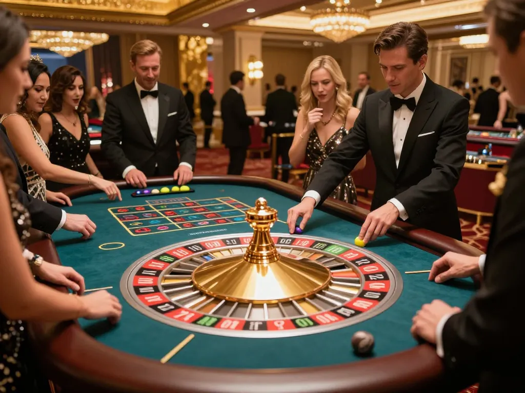 A thrilling game of roulette at F8BET casino with players in elegant attire and vibrant ambiance.