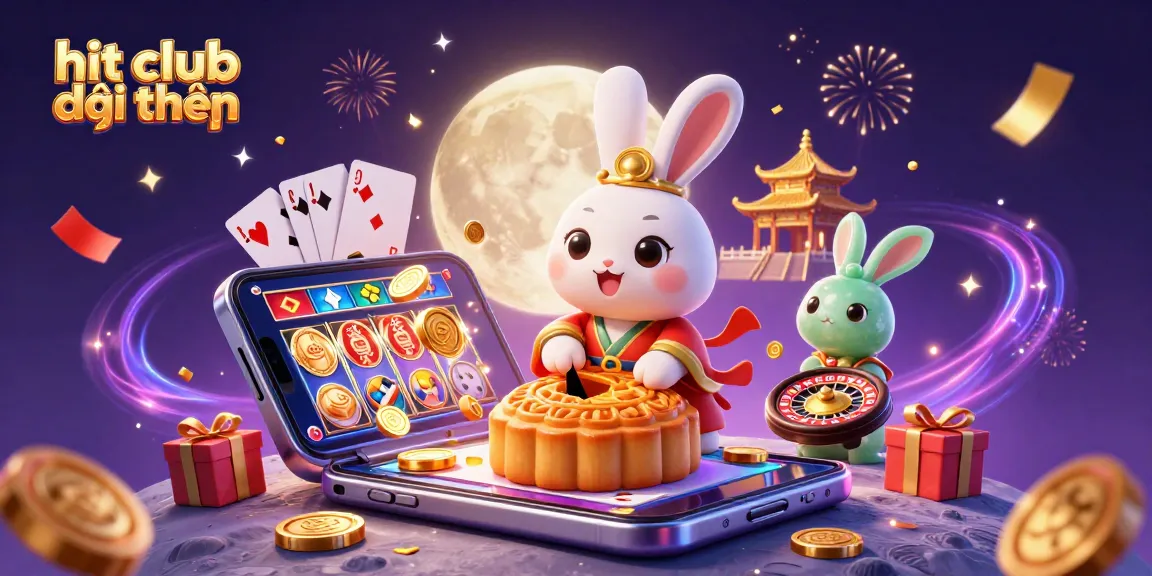 Engage with hit club đổi thưởng in a dynamic scene featuring a moon rabbit, poker chips, and casino elements.