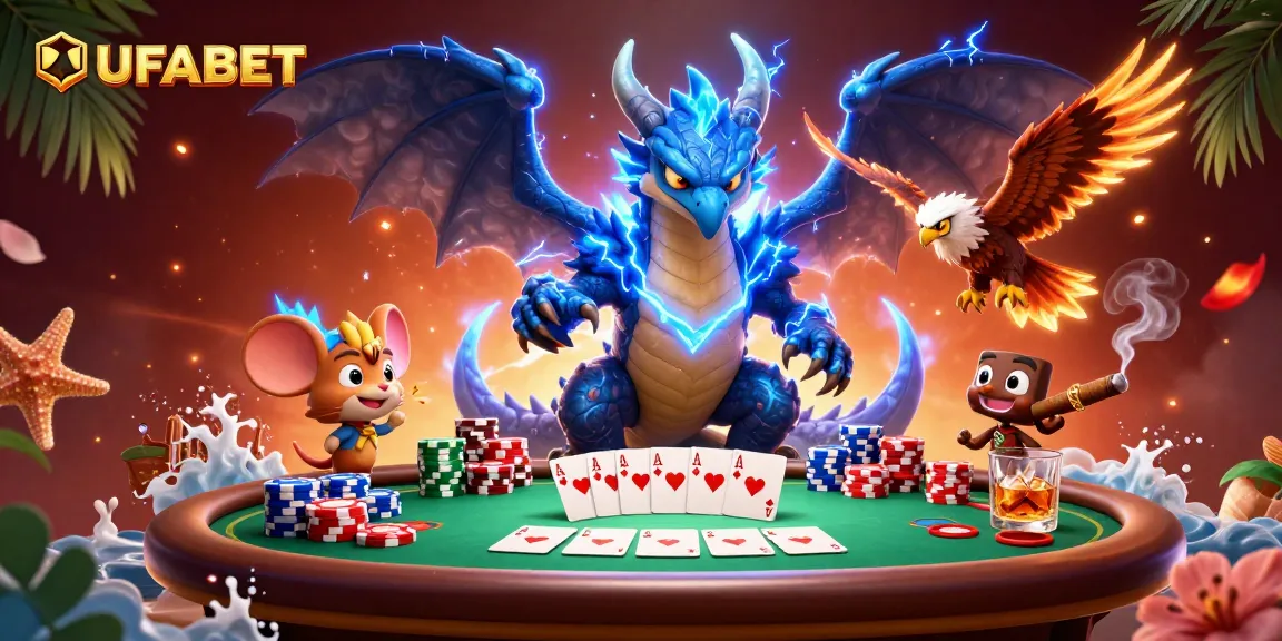 Experience dynamic gaming with UFABET, featuring vibrant 3D dragon, poker scenes, and lively casino elements.