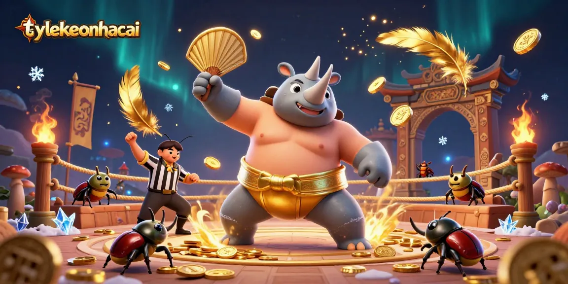 Engage in thrilling betting action with tylekeonhacai featuring a rhinoceros beetle champion and cricket referee.